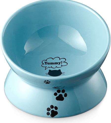 Elevated Cat Food Bowl, Ceramic Raised Cat Bowl, Tilt Angle Protect Cat'S Spine, anti Vomiting Cat Dish, Backflow Prevention, Lake Blue