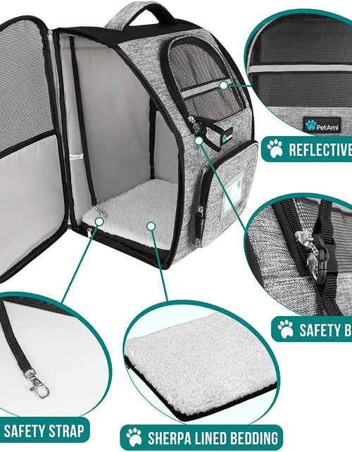 Load image into Gallery viewer, Deluxe Pet Carrier Backpack for Small Cats and Dogs, Puppies | Ventilated Design, Two-Sided Entry, Safety Features and Cushion Back Support | for Travel, Hiking, Outdoor Use
