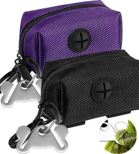 2 Pack Dog Poop Bag Holder for Leash Attachment - Waste Bag Dispenser for Leash - Fits Any Dog Leash - Portable Set with 1 Hand Free Holder Metal Carrier - Black&Purple