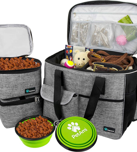 Dog Travel Bag | Airline Approved Tote Organizer with Multi-Function Pockets, Food Container Bag and Collapsible Bowl | Perfect Weekend Pet Travel Set for Dog, Cat (Grey, Large)