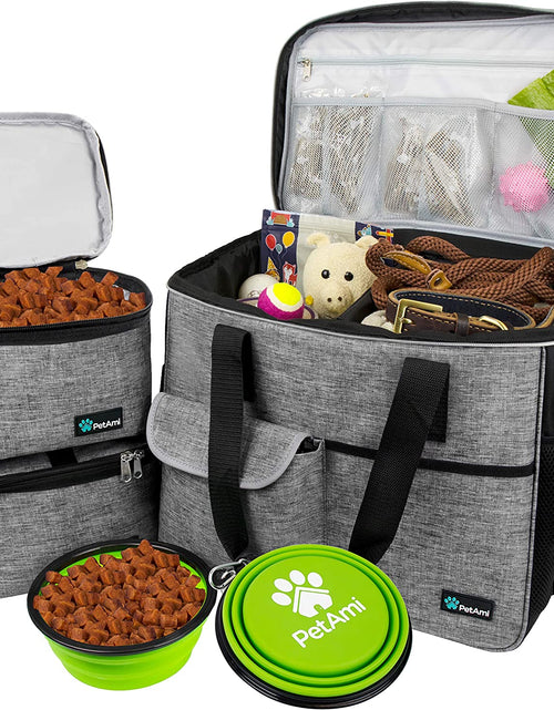 Load image into Gallery viewer, Dog Travel Bag | Airline Approved Tote Organizer with Multi-Function Pockets, Food Container Bag and Collapsible Bowl | Perfect Weekend Pet Travel Set for Dog, Cat (Grey, Large)
