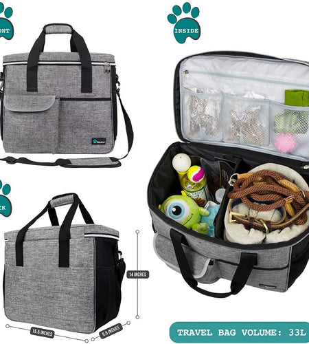 Dog Travel Bag | Airline Approved Tote Organizer with Multi-Function Pockets, Food Container Bag and Collapsible Bowl | Perfect Weekend Pet Travel Set for Dog, Cat (Grey, Large)
