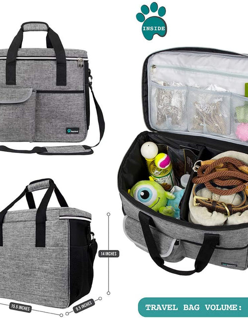 Load image into Gallery viewer, Dog Travel Bag | Airline Approved Tote Organizer with Multi-Function Pockets, Food Container Bag and Collapsible Bowl | Perfect Weekend Pet Travel Set for Dog, Cat (Grey, Large)

