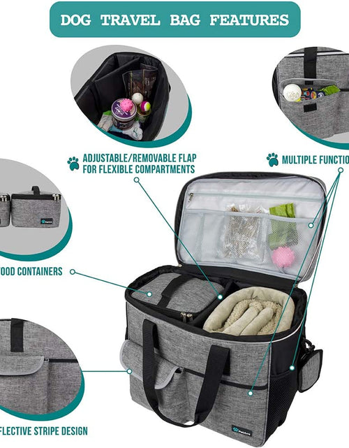 Load image into Gallery viewer, Dog Travel Bag | Airline Approved Tote Organizer with Multi-Function Pockets, Food Container Bag and Collapsible Bowl | Perfect Weekend Pet Travel Set for Dog, Cat (Grey, Large)
