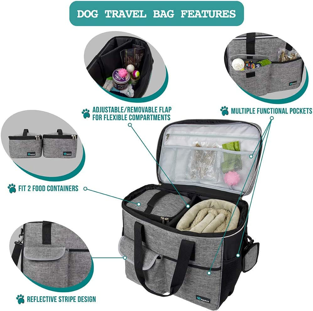 Dog Travel Bag | Airline Approved Tote Organizer with Multi-Function Pockets, Food Container Bag and Collapsible Bowl | Perfect Weekend Pet Travel Set for Dog, Cat (Grey, Large)