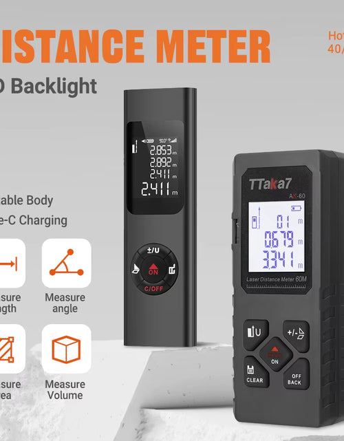 Load image into Gallery viewer, SmartMeasure 40M/60M Mini Laser Distance Meter – USB Rechargeable Handheld Rangefinder for Accurate Measurements
