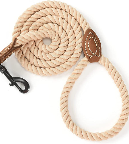 Dog Leash | Braided Cotton Rope Dog Leashes with Leather Tailor Tip | 6 Feet Dog Leash W Heavy Duty Metal Clasp | Wedding Dog Leash (Light Brown, 72 Inches)